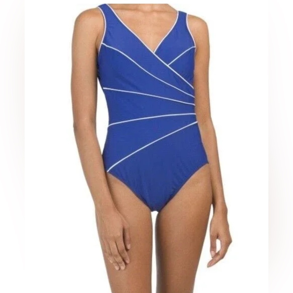 Miraclesuit Horizon One Piece Swimsuit Size 16 Blue White Tummy Control 1763